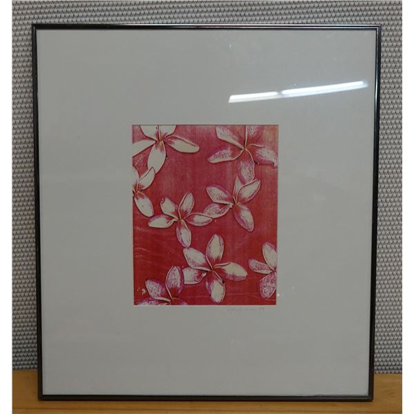 Plumeria Art Print by Artist Malena (?) '84, Marked #10, 16" x 20" Framed