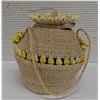 Image 1 : Woven Basket Container w/ Shell Accents, Lid & Strap 5.5" Dia, 7"H