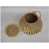 Image 5 : Woven Basket Container w/ Shell Accents, Lid & Strap 5.5" Dia, 7"H