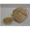 Image 8 : Woven Basket Container w/ Shell Accents, Lid & Strap 5.5" Dia, 7"H
