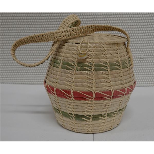 Woven Basket Container w/ Lid & Strap 5" Dia, 7"H