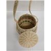 Image 4 : Woven Basket Container w/ Lid & Strap 5" Dia, 7"H
