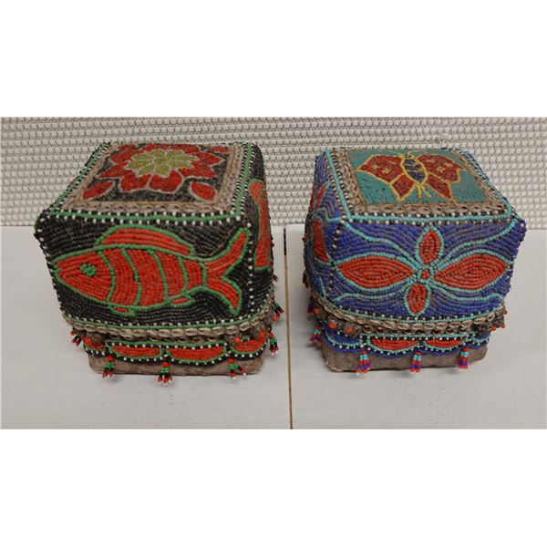 Qty 2 Square Beaded Trinket Boxes w/ Lids, 4" x 4" x 4.5"H