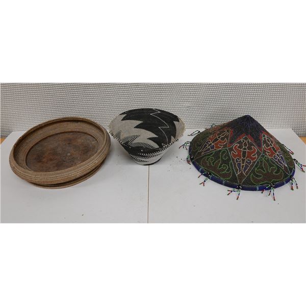 Two Woven Bowls & One Ceremonial Beaded Hat, Misc Sizes