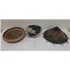 Image 1 : Two Woven Bowls & One Ceremonial Beaded Hat, Misc Sizes