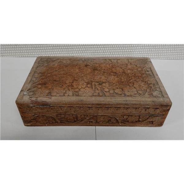Carved Wooden Box w/ Hinged Lid 10" x 6" x 2.5"