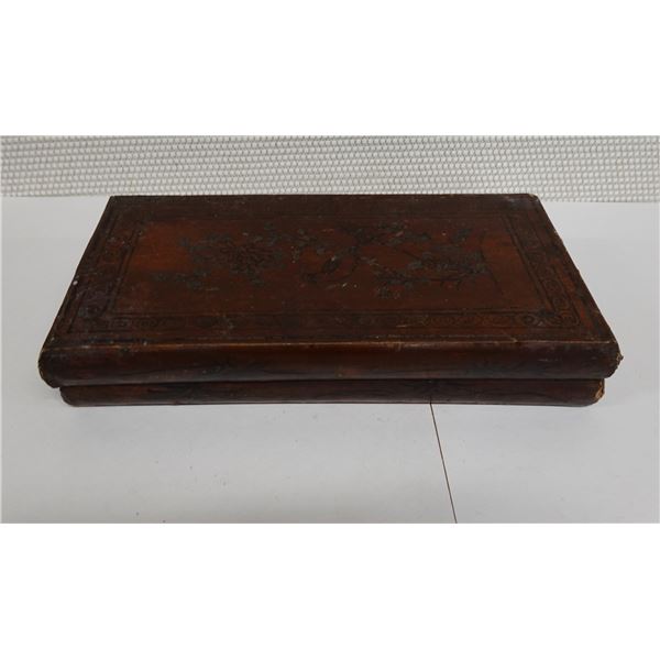 Carved Wooden Box & Contents (misc hair accessories) 13" x 7 X 2.5"H