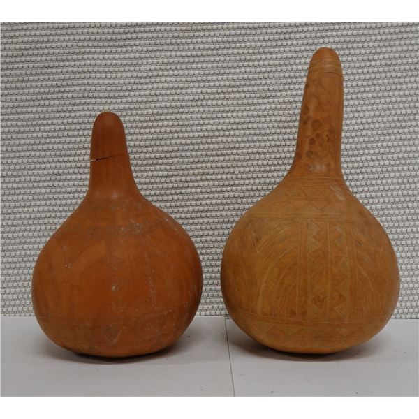 Qty 2 Carved, Hollow Gourd Containers w/ Stopper, Misc Sizes