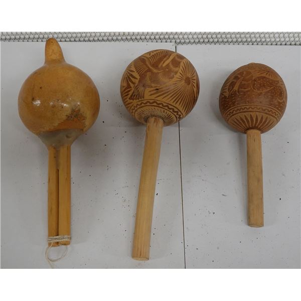 Qty 3 Carved Maracas Gourds Percussion Rattle Instruments, Misc Sizes