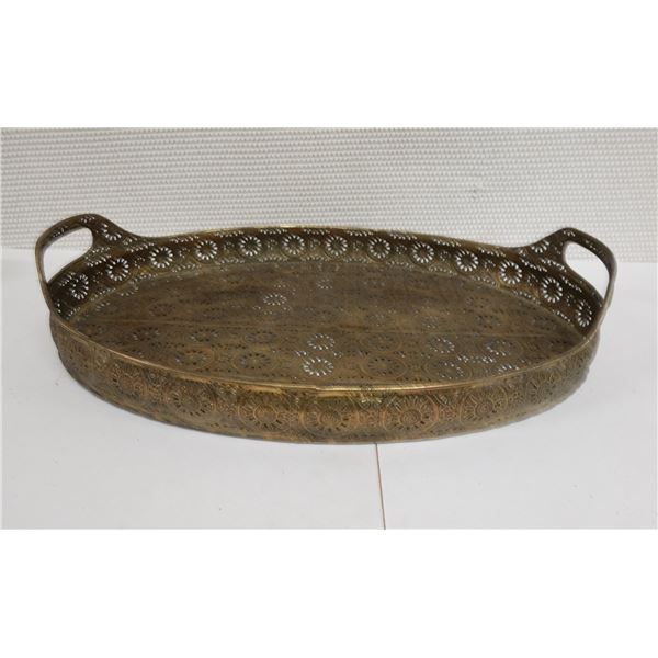 Carved Metal Serving Tray w/ Floral Design & 2 Handles 19" x 13" x 2"H