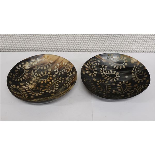 Qty 2 Carved Bowls w/ Inlaid Paisley Design Approx. 7.5" Dia, 1.75"H