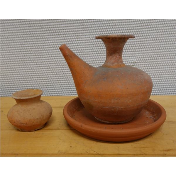 Thai Earthenware Kendi Water Vessel on Base & Small Jar, Misc Sizes