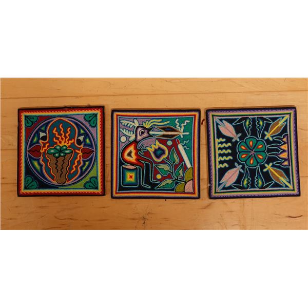 Qty 3 Yarn Folk Art on Wood, Signed by Artist 8" x 8"