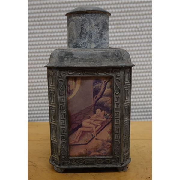 Chinese Metal Tea Caddy w/ Painted Side Panels & Lid 3.5" x 3.5" x 6.25"H