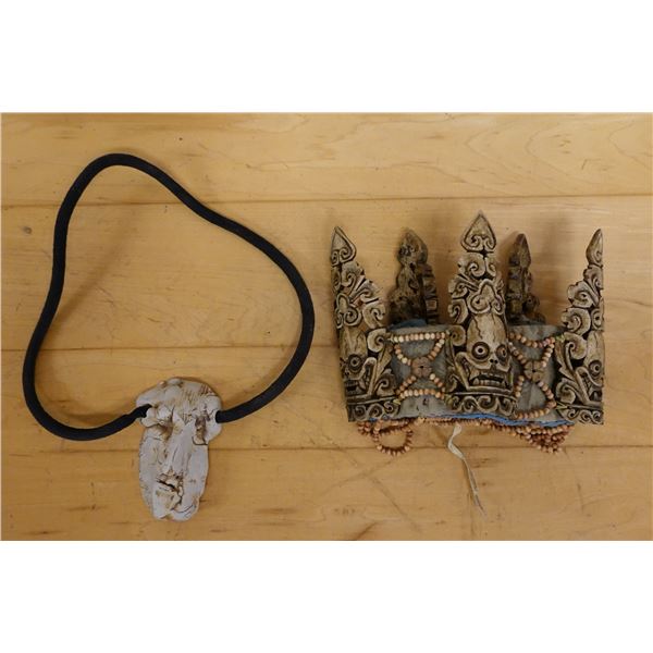 Ceremonial or Tribal-Style Necklace & Carved Crown Headpiece, Misc Sizes