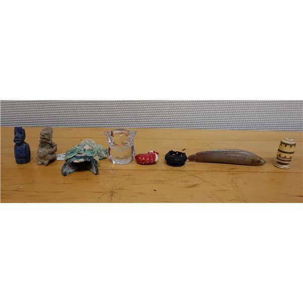 Qty 8 Small Carved Figurines & Glass: Owl, Duck, Tribal Figures, etc Misc Sizes