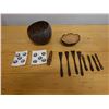 Image 1 : Qty 2 Coconut Shell Bowls, Carved Utensils & 10 Buttons, Misc Sizes