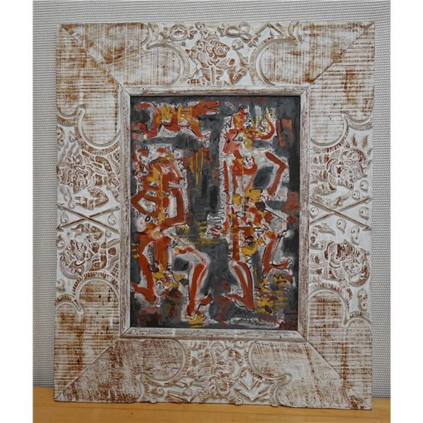 Original Painting on Canvas, Abstract Figures in Ornate, Carved Wood Frame, 36" x 43"
