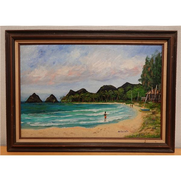 Original Painting on Canvas, Lanikai Heavenly Water by Artist M. Pisciotta, 36" x 25" Framed