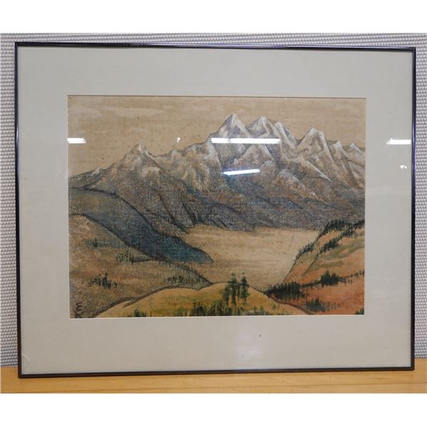 Mountain Scene Artwork, Framed & Matted (glass cracked)