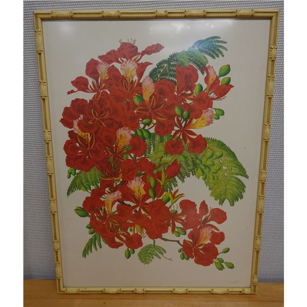 Flame Tree Floral Artwork  by Artist L. Sexton in Bamboo Motif Framed 30" x 40"