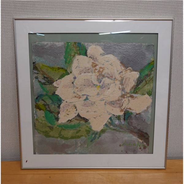 Floral Artwork  by Artist John Jen (?), Framed & Matted 28" x 29"
