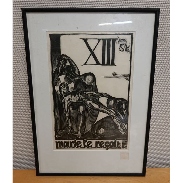 Marie le Reçoit Artwork Stamped Jean Charlot Estate, Framed & Matted 17" x 25"