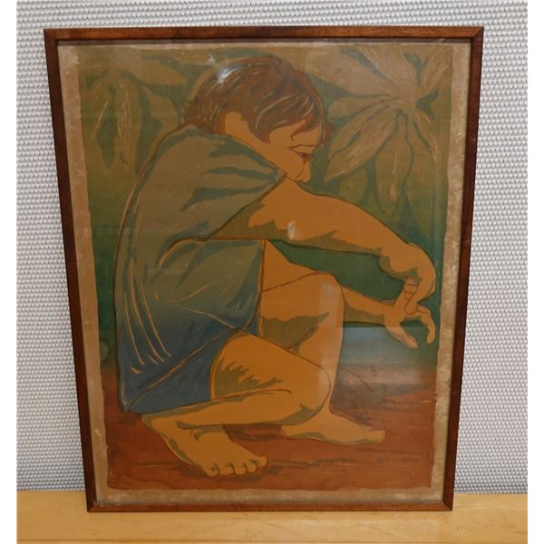 Crouching Boy Artwork, Numbered 25/29,  by Artist in Hauula, Framed 21" x 25"