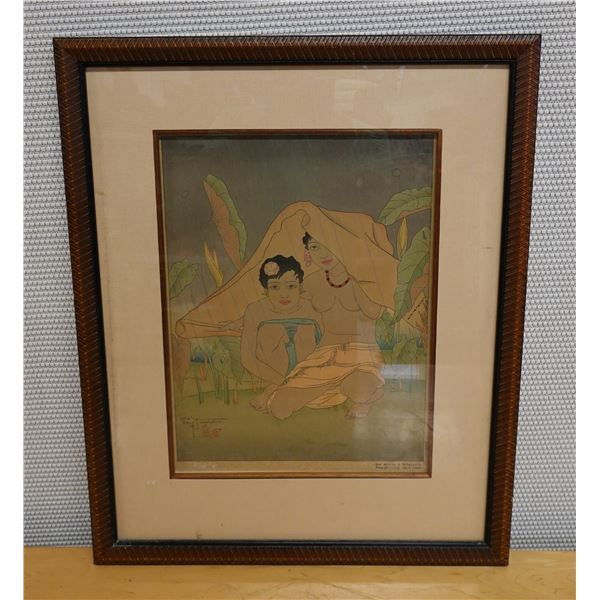 Sheltering from Rain Artwork, by Paul Jacoulet, Wood Framed 20" x 25"