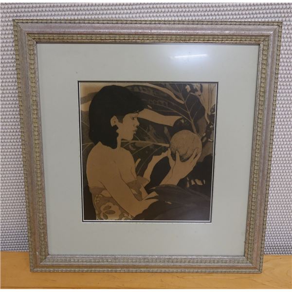 Girl w/ Breadfruit Artwork, Framed & Matted 18" x 19"