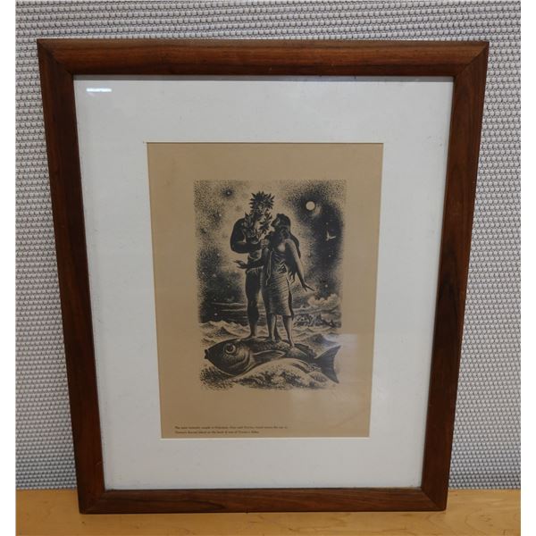 Polynesian Couple on Fish Artwork, Wood Framed & Matted 18" x 22"