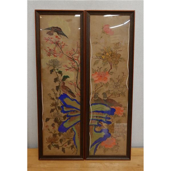 Qty 2 Asian Artwork Panels, Wood Framed, 15" x 47" (each)