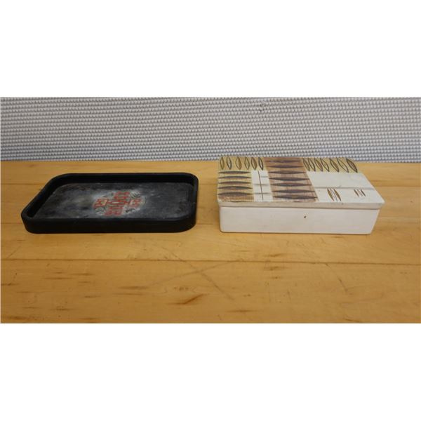 Sascha Brastoff Ceramic Box w/ Lid & Asian Tray, Misc Sizes