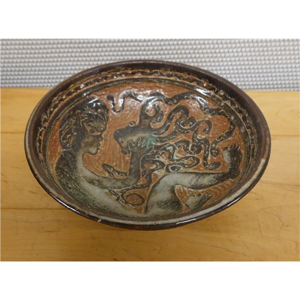 Ceramic Serving Bowl w/ Figure w/ Snakes Interior, Signed S. Viarelli 9" Dia, 3"H