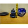 Image 13 : Cobalt Blue Oval Plate, Footed Dish w/ Lid & Sugar Bowl on Tray & Blue Vase w/ Pinwheel Design, Misc