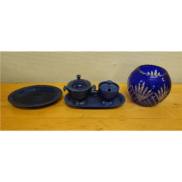 Cobalt Blue Oval Plate, Footed Dish w/ Lid & Sugar Bowl on Tray & Blue Vase w/ Pinwheel Design, Misc