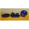 Image 1 : Cobalt Blue Oval Plate, Footed Dish w/ Lid & Sugar Bowl on Tray & Blue Vase w/ Pinwheel Design, Misc