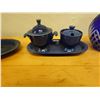Image 5 : Cobalt Blue Oval Plate, Footed Dish w/ Lid & Sugar Bowl on Tray & Blue Vase w/ Pinwheel Design, Misc