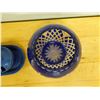 Image 9 : Cobalt Blue Oval Plate, Footed Dish w/ Lid & Sugar Bowl on Tray & Blue Vase w/ Pinwheel Design, Misc