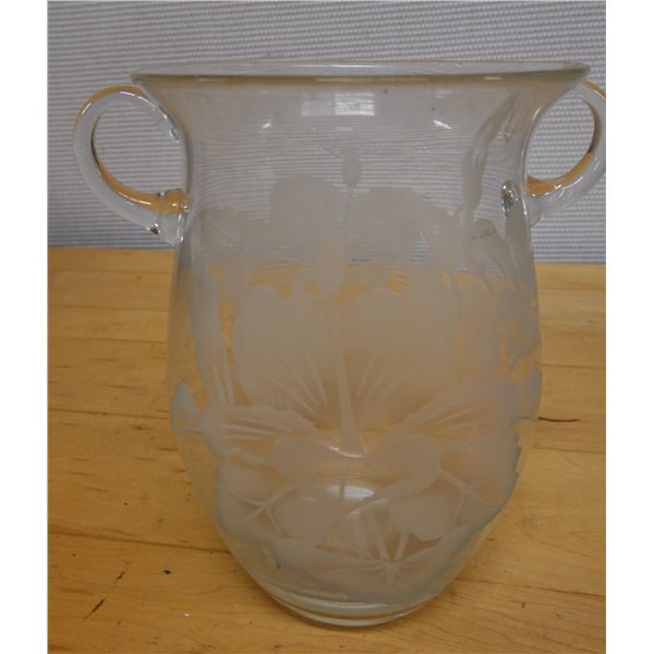 Large Glass Vase w/ Handles & Frosted Hibiscus Design 9" Dia, 10"H