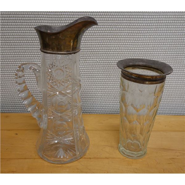 Cut Glass Water Pitcher & Tumbler w/ Metal Accents, Misc Sizes
