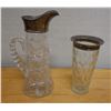 Image 1 : Cut Glass Water Pitcher & Tumbler w/ Metal Accents, Misc Sizes