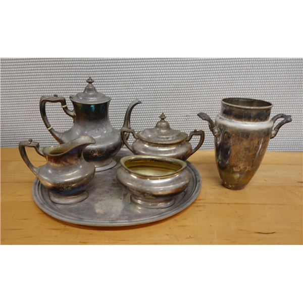 CM Co. & Reed & Barton Set w/ Tea Pot, Creamer, Sugar Bowl w/ Lid, Dish & Urn, Monogrammed w/ Initia
