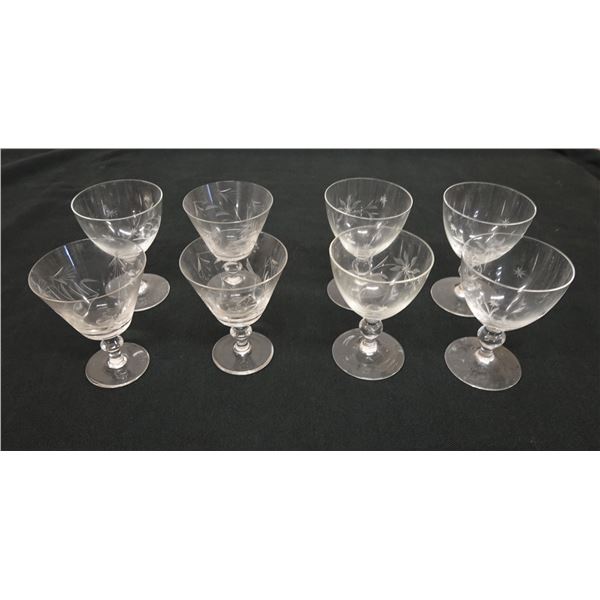 Qty 8 Stemmed Cordial or Sherry Glasses w/ Leaf Design 3" Dia, 4"H