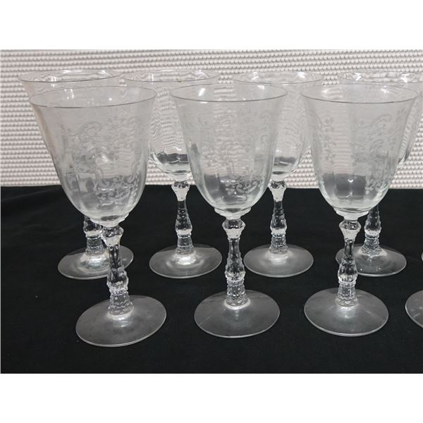 Qty 7 Clear Wine Claret Glasses w/ Floral Design 3.5" Dia, 8"H