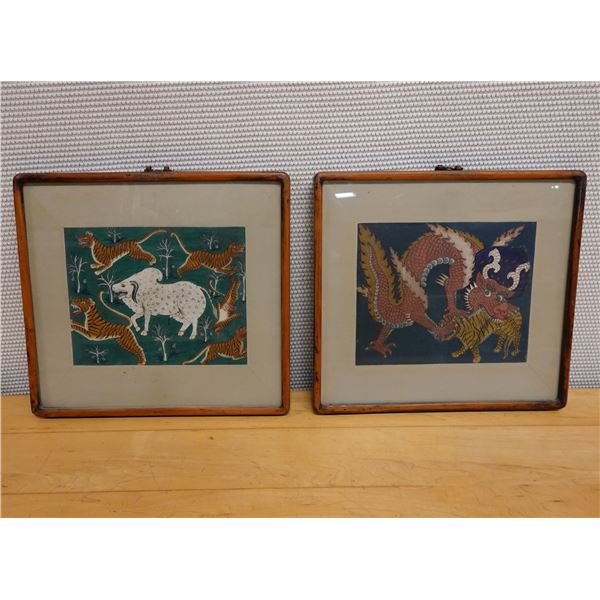 Qty 2 Asian Folk Artworks, Framed & Matted 15" x 14"