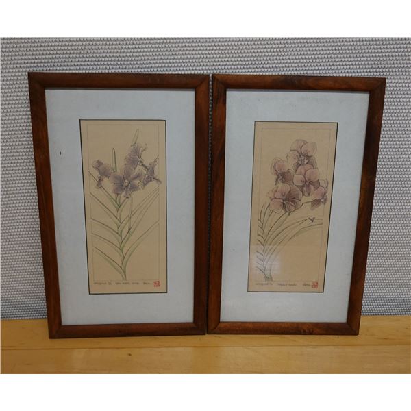 Qty 2 Floral Artwork, Marked Artist Proof 2/5 by Wren w/ Stamp, Wood Framed & Matted 13" x 21"