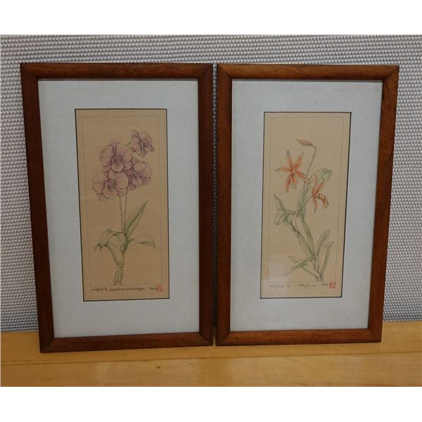 Qty 2 Floral Artwork, Marked Artist Proof 2/5 by Wren w/ Stamp, Wood Framed & Matted 13" x 21"