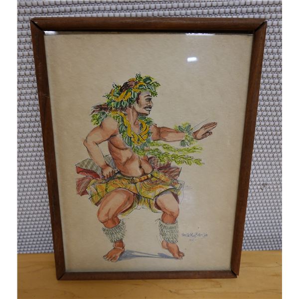 Male Hula Dancer Artwork by Marietta Borni Baker Ojha 1980, Wood Framed 10" x 13"