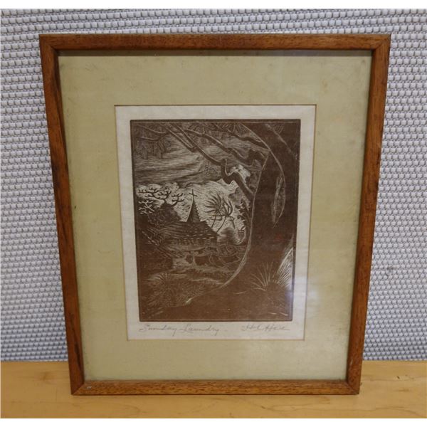 Sunday Laundry Artwork  by Artist Hon Chew Hee, Framed & Matted 11" x 14"